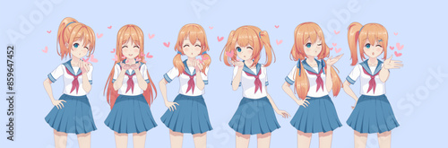 Anime manga schoolgirls in sailor send air kisses
