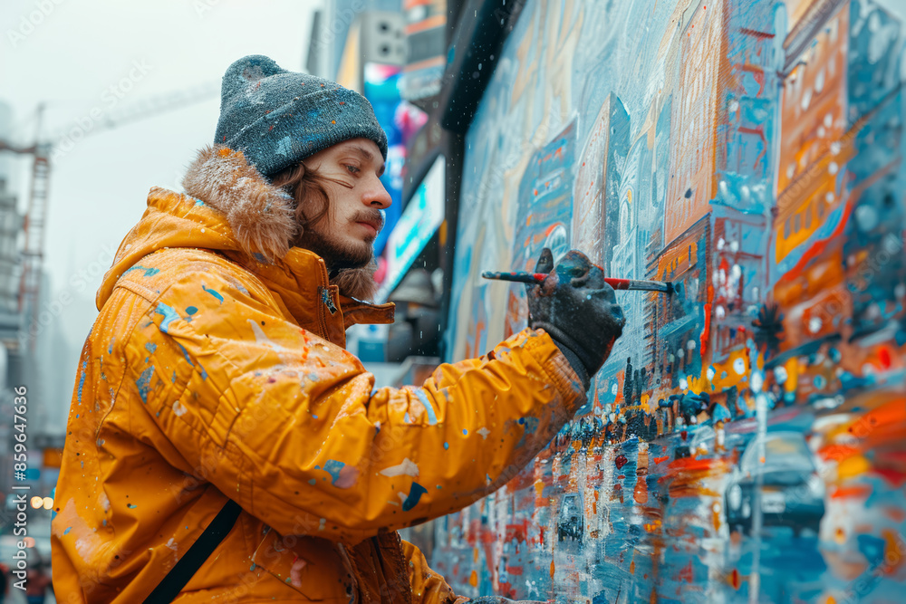 An artist painting a large mural on an urban building, adding color to the cityscape. Concept of creativity and urban art. Generative Ai. An artist painting a large mural on an urban building, adding color to the cityscape. Concept of creativity and urban art. Generative Ai.