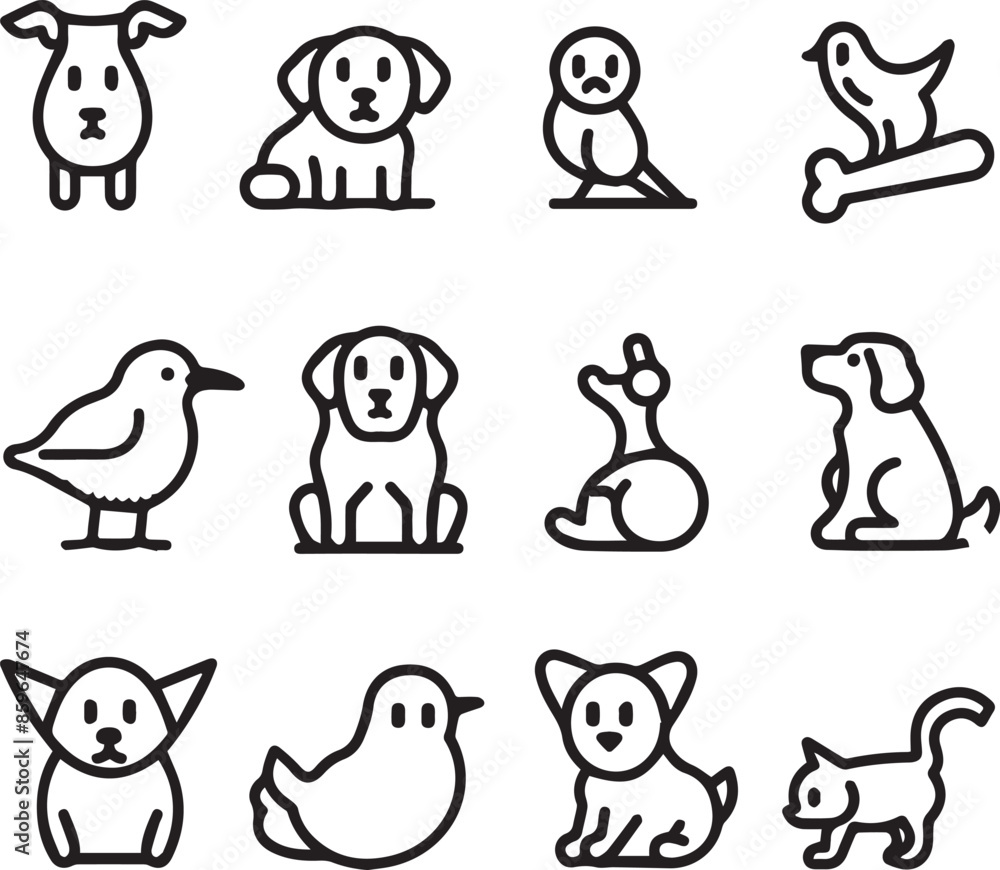 Silhouette Pets web icons in line style. Dog, cat, rabbit, hamster, bird, bone, pets, vet help. Vector illustration with White Background Silhouette Pets web icons in line style. Dog, cat, rabbit, hamster, bird, bone, pets, vet help. Vector illustration with White Background
