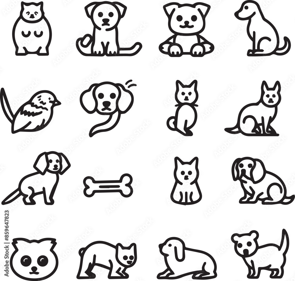 Silhouette Pets web icons in line style. Dog, cat, rabbit, hamster, bird, bone, pets, vet help. Vector illustration with White Background Silhouette Pets web icons in line style. Dog, cat, rabbit, hamster, bird, bone, pets, vet help. Vector illustration with White Background