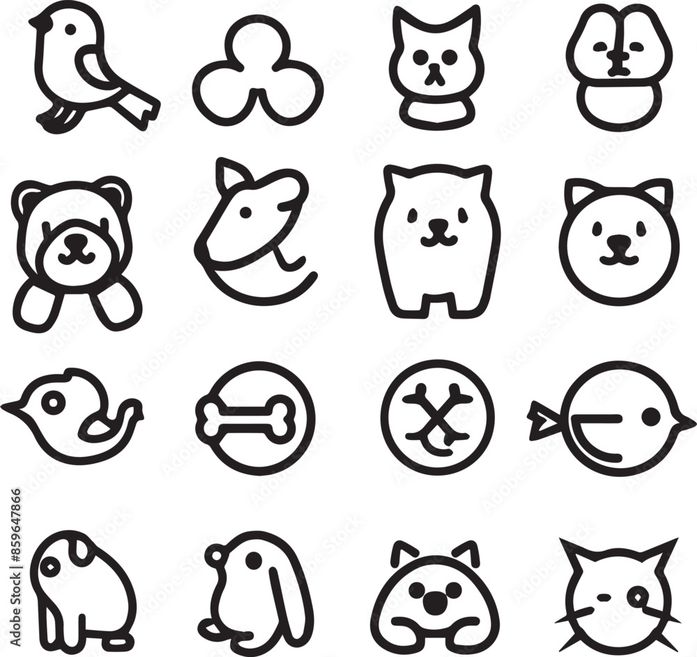 Obraz premium Silhouette Pets web icons in line style. Dog, cat, rabbit, hamster, bird, bone, pets, vet help. Vector illustration with White Background