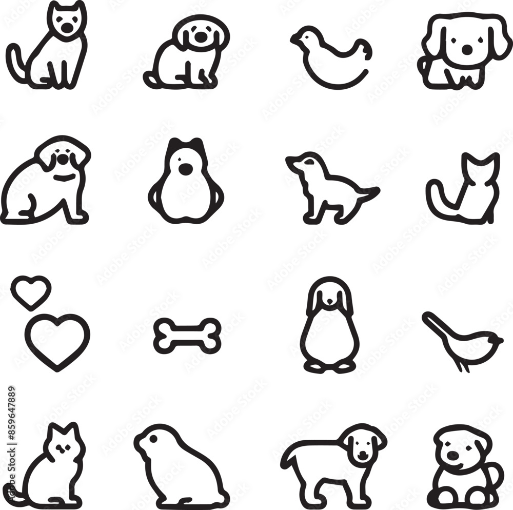 Silhouette Pets web icons in line style. Dog, cat, rabbit, hamster, bird, bone, pets, vet help. Vector illustration with White Background Silhouette Pets web icons in line style. Dog, cat, rabbit, hamster, bird, bone, pets, vet help. Vector illustration with White Background