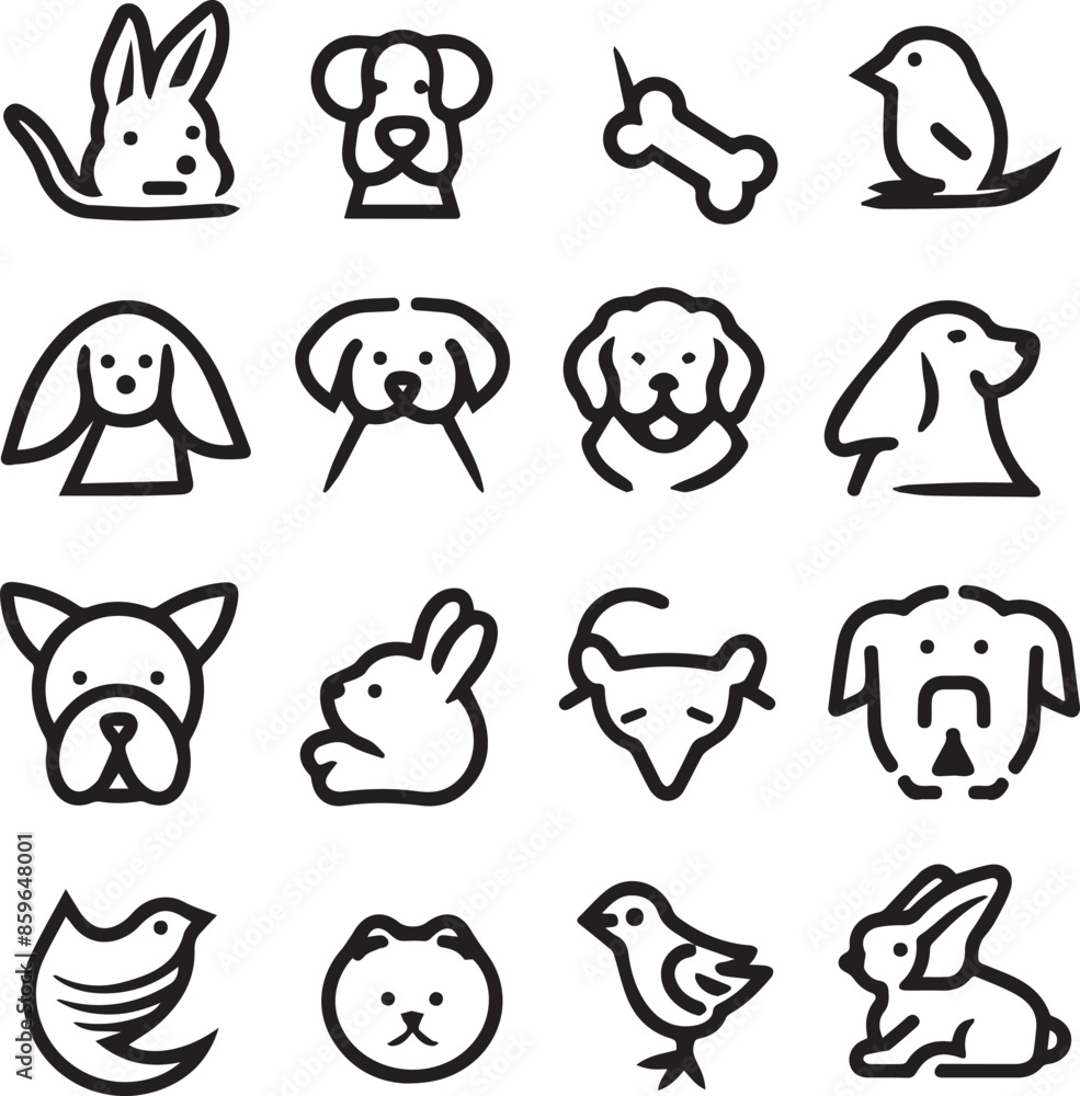Silhouette Pets web icons in line style. Dog, cat, rabbit, hamster, bird, bone, pets, vet help. Vector illustration with White Background Silhouette Pets web icons in line style. Dog, cat, rabbit, hamster, bird, bone, pets, vet help. Vector illustration with White Background
