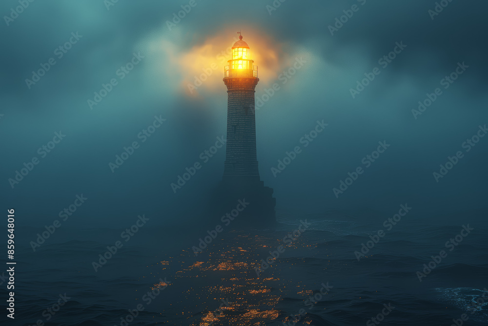 A lighthouse beaming its light through a thick fog, guiding ships to safety. Concept of navigation and resilience. Generative Ai. A lighthouse beaming its light through a thick fog, guiding ships to safety. Concept of navigation and resilience. Generative Ai.