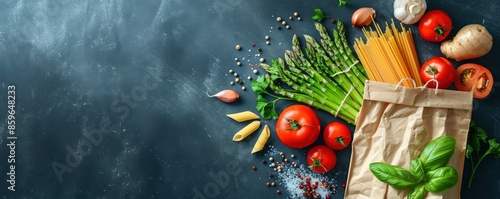 A bag of vegetables including tomatoes, asparagus, and pasta. The bag is on a black background. Free Copy space for text.