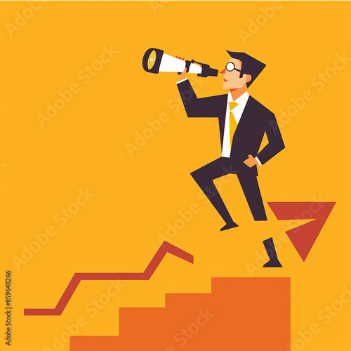 Vector businessman with telescope standing on growth