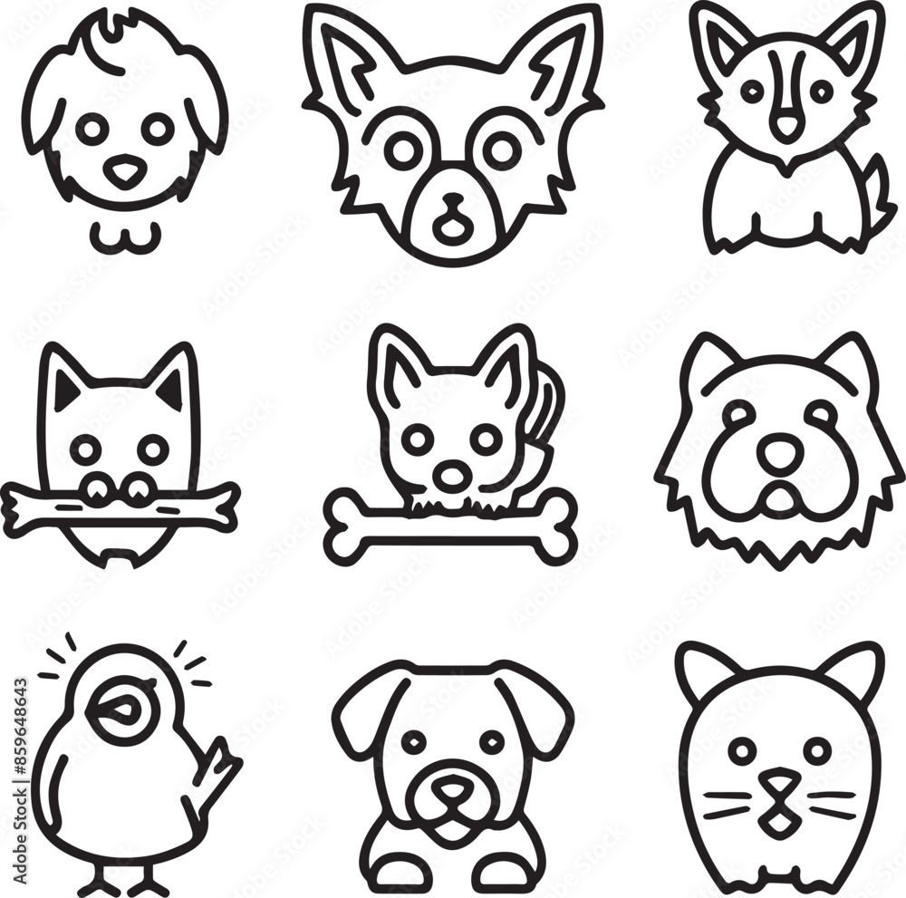 Silhouette Pets web icons in line style. Dog, cat, rabbit, hamster, bird, bone, pets, vet help. Vector illustration with White Background Silhouette Pets web icons in line style. Dog, cat, rabbit, hamster, bird, bone, pets, vet help. Vector illustration with White Background