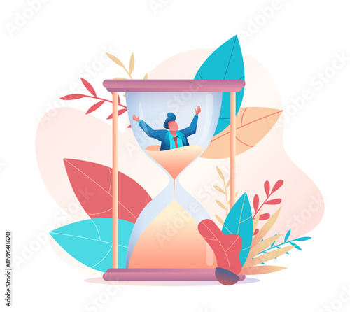 Businessman is drowning in sand of an hourglass.