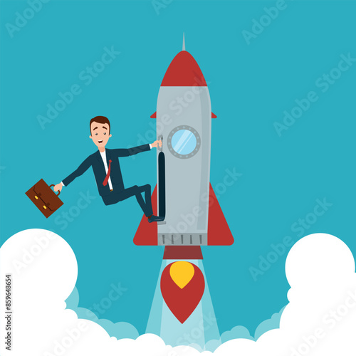 The businessman seized the rocket and flew up. One hand holds on to the rocket, in the other hand the briefcase