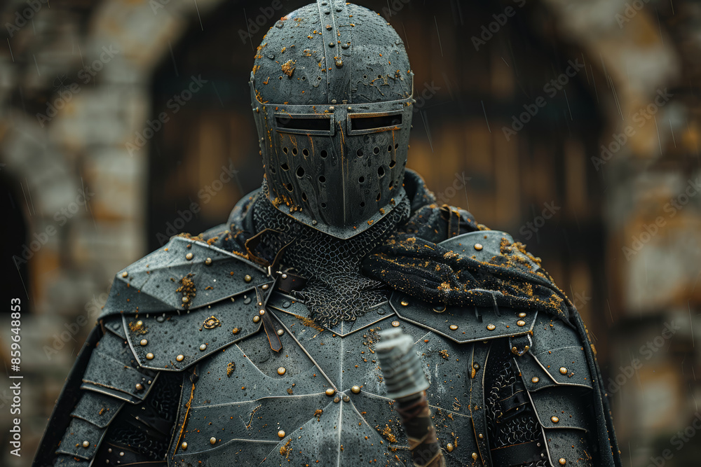 A medieval knight in armor standing at a castle gate. Concept of history and valor. Generative Ai. A medieval knight in armor standing at a castle gate. Concept of history and valor. Generative Ai.