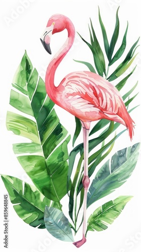 Elegant watercolor illustration of a pink flamingo among lush green tropical leaves, perfect for decor or nature-themed designs.