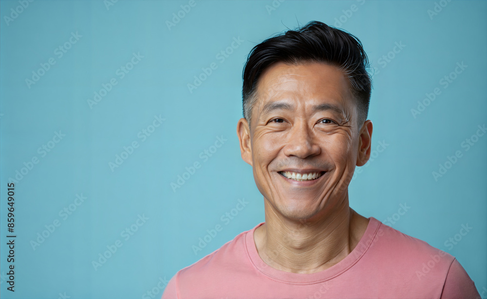 Smiling Asian man in pink shirt against blue background Smiling Asian man in pink shirt against blue background
