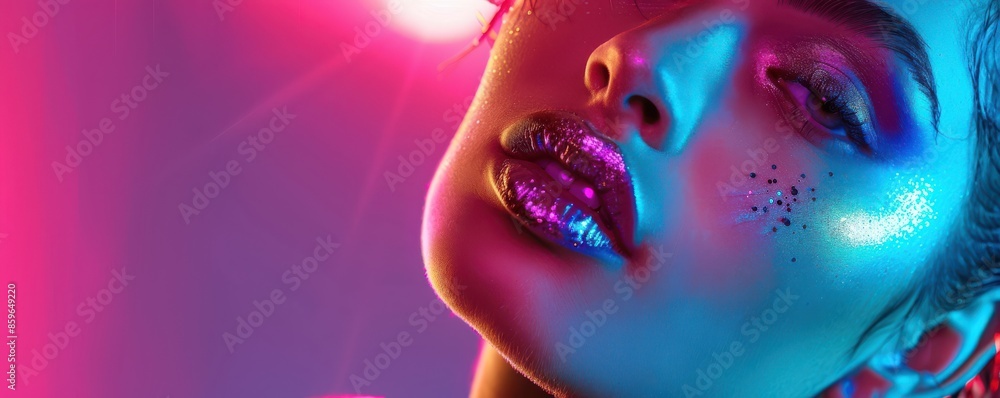 Close-up of a model's face with bold metallic makeup and colorful neon lighting, showcasing high fashion and vibrant beauty. Free Copy space for text. Close-up of a model's face with bold metallic makeup and colorful neon lighting, showcasing high fashion and vibrant beauty. Free Copy space for text.