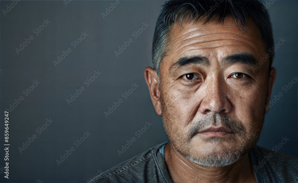 Fototapeta premium Pensive middle-aged Asian man against dark background