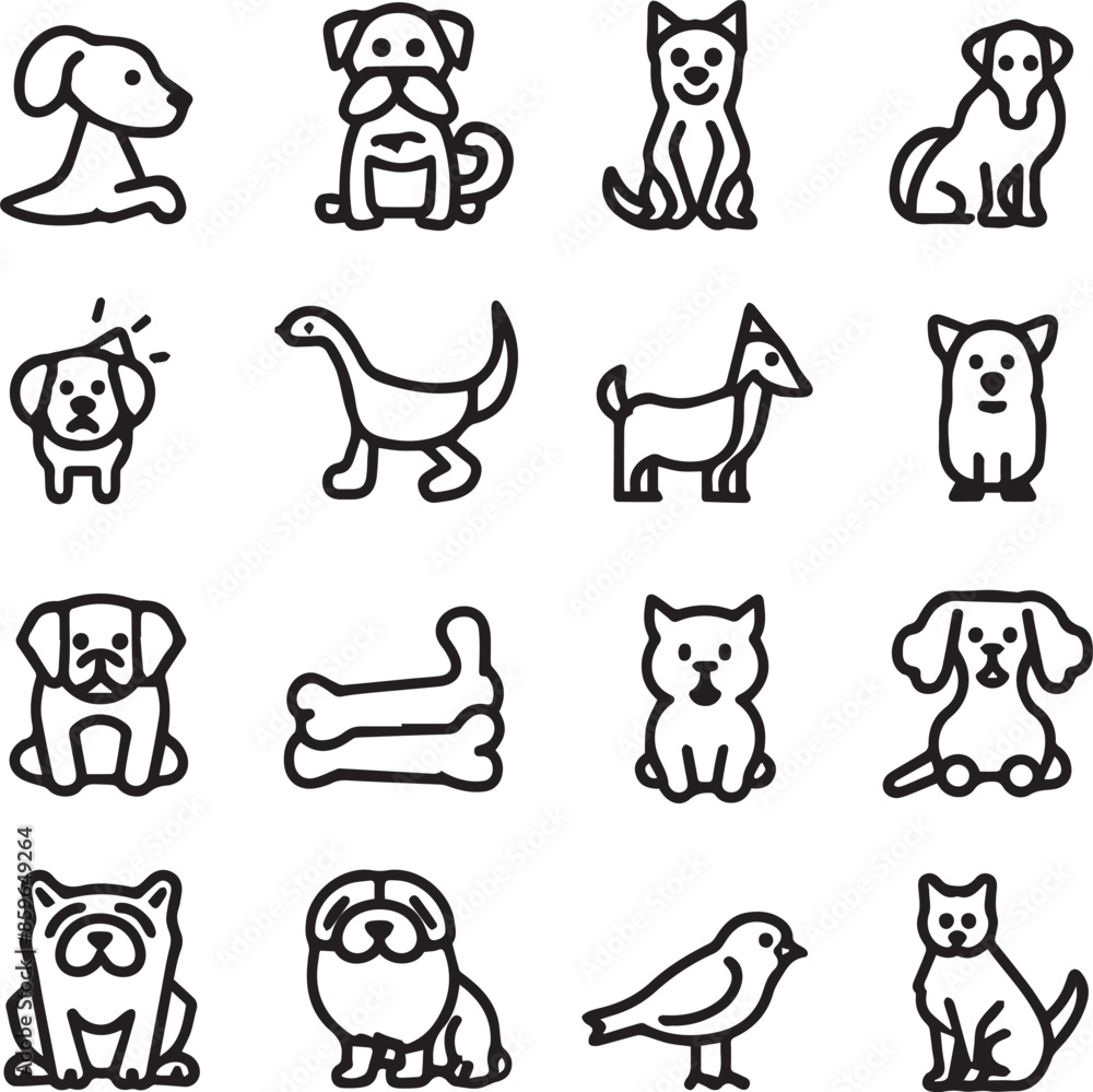 Silhouette Pets web icons in line style. Dog, cat, rabbit, hamster, bird, bone, pets, vet help. Vector illustration with White Background Silhouette Pets web icons in line style. Dog, cat, rabbit, hamster, bird, bone, pets, vet help. Vector illustration with White Background