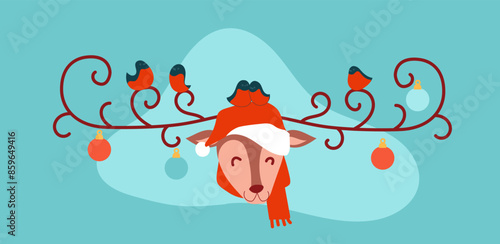 Christmas merry deer in santa claus hat