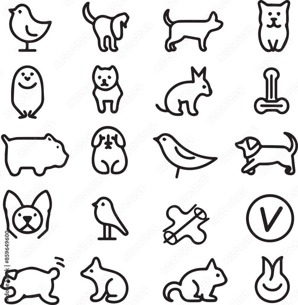 Silhouette Pets web icons in line style. Dog, cat, rabbit, hamster, bird, bone, pets, vet help. Vector illustration with White Background Silhouette Pets web icons in line style. Dog, cat, rabbit, hamster, bird, bone, pets, vet help. Vector illustration with White Background