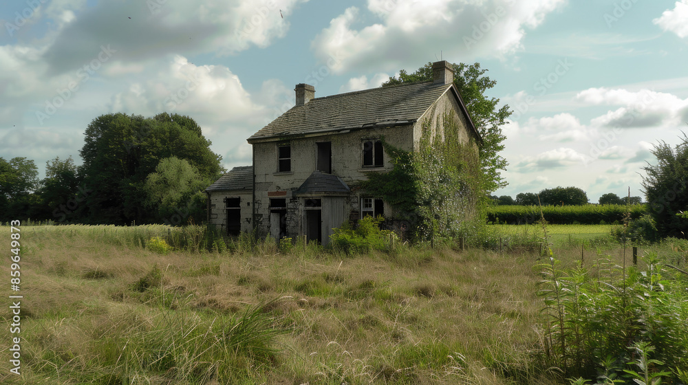 An old, empty house stands in a field with tall grass and large trees. The walls are worn, and there is overgrown greenery around it. An old, empty house stands in a field with tall grass and large trees. The walls are worn, and there is overgrown greenery around it.