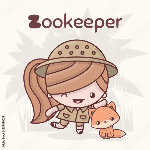 Cute chibi kawaii characters. Alphabet professions. Letter Z - Zookeep
