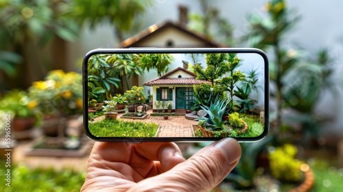 Close-up of a phone displaying a beautiful garden scene, highlighting the contrast between technology and nature in a backyard setting.