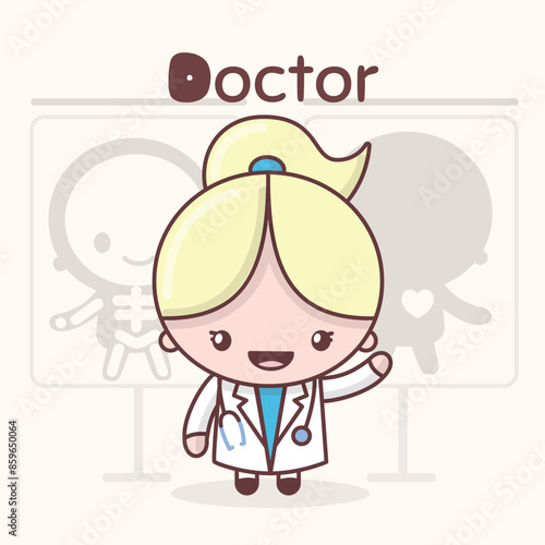 Cute chibi kawaii characters. Alphabet professions. Letter D - Doctor.