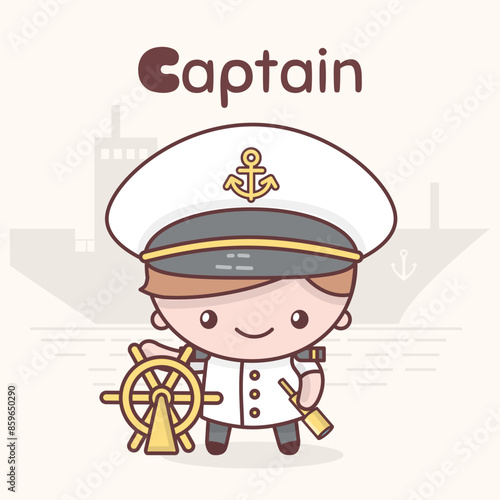 Cute chibi kawaii characters. Alphabet professions. Letter C - Captain