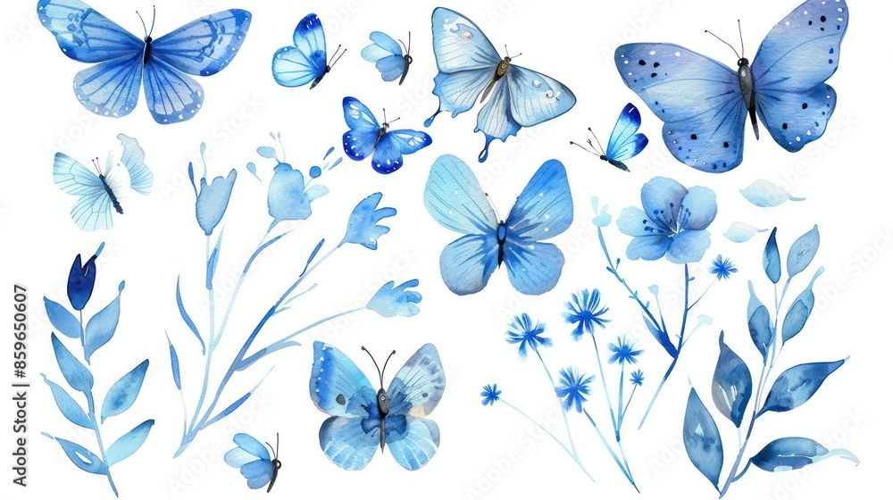 Beautiful watercolor illustration of blue butterflies and flowers on a white background. Perfect for nature-themed designs and decor. Beautiful watercolor illustration of blue butterflies and flowers on a white background. Perfect for nature-themed designs and decor.