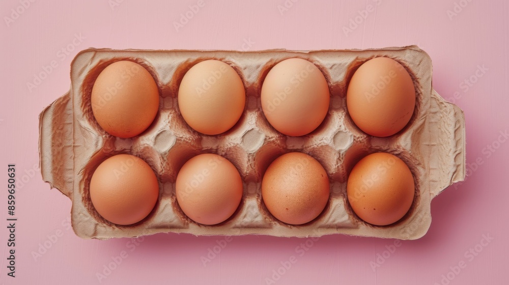organic eggs in a cardboard tray displayed on a pastel pink background. organic eggs in a cardboard tray displayed on a pastel pink background.