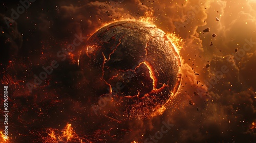 Dramatic depiction of a planet disintegrating in fiery flames, showcasing cosmic destruction and apocalyptic scene in outer space. photo
