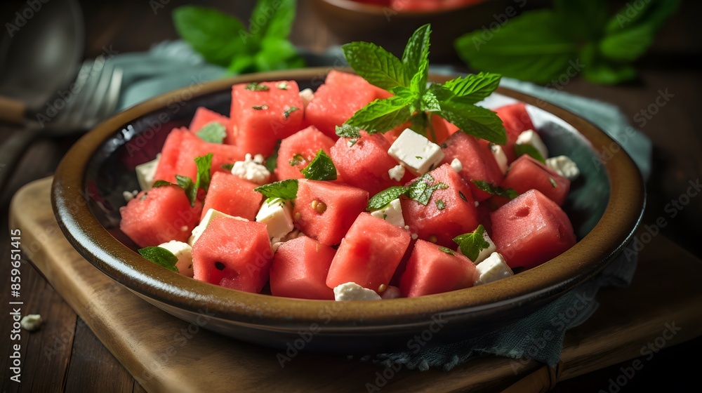 Fresh watermelon and feta salad with arugula and mint. Fresh watermelon and feta salad with arugula and mint.