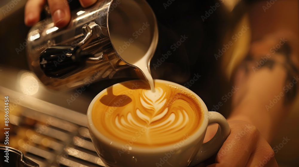 custom made wallpaper toronto digitalA person pours steamed milk into a cup of coffee, creating a leaf-like pattern in the foam.