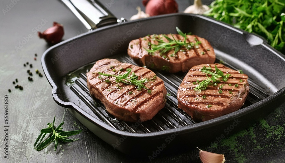 meat steaks with herbs and spices in a grill pan; food recipe concept; selective focus meat steaks with herbs and spices in a grill pan; food recipe concept; selective focus