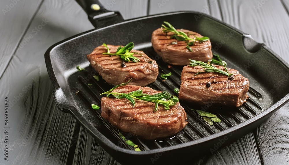 meat steaks with herbs and spices in a grill pan; food recipe concept; selective focus meat steaks with herbs and spices in a grill pan; food recipe concept; selective focus