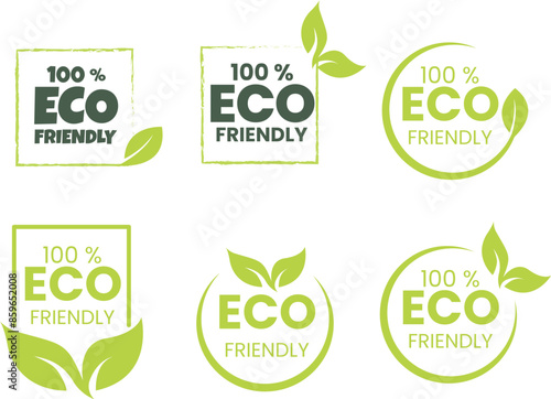 Eco friendly sticker, label, badge and logo. Ecology icon. Logo template with green leaves for organic and eco friendly produckts. Vector illustration