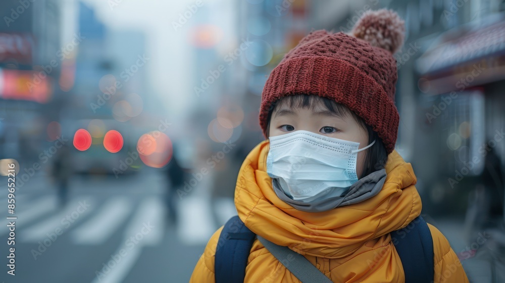 Child in a winter coat and face mask navigating a bustling city street during the pandemic. Child in a winter coat and face mask navigating a bustling city street during the pandemic.