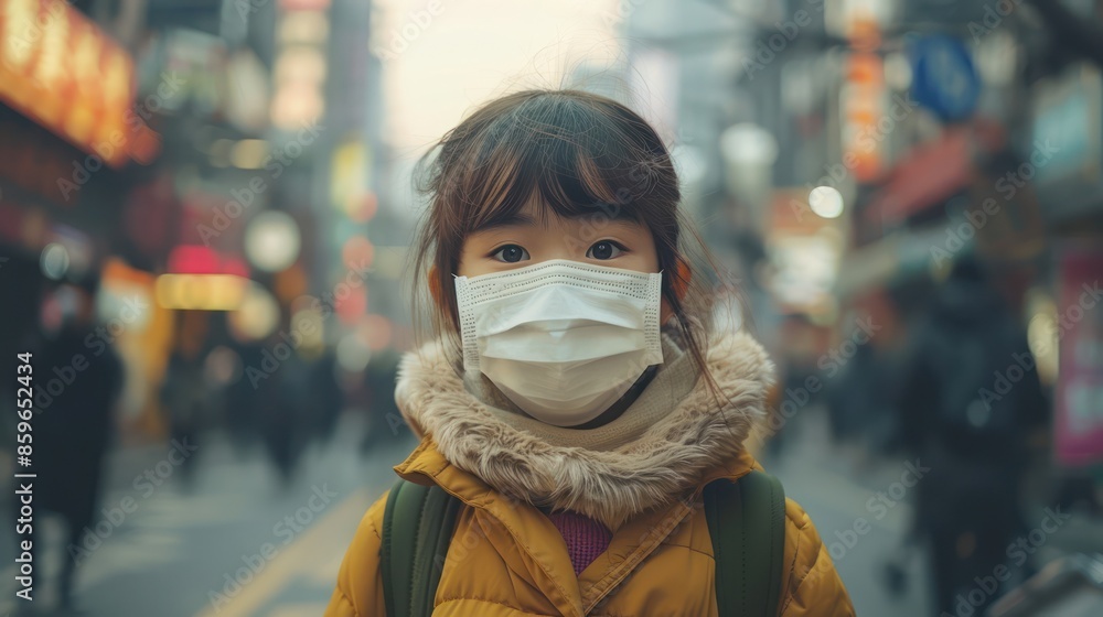 A young girl wearing a mask walking on a busy street, showcasing urban life and public health precautions in a metropolitan city. A young girl wearing a mask walking on a busy street, showcasing urban life and public health precautions in a metropolitan city.