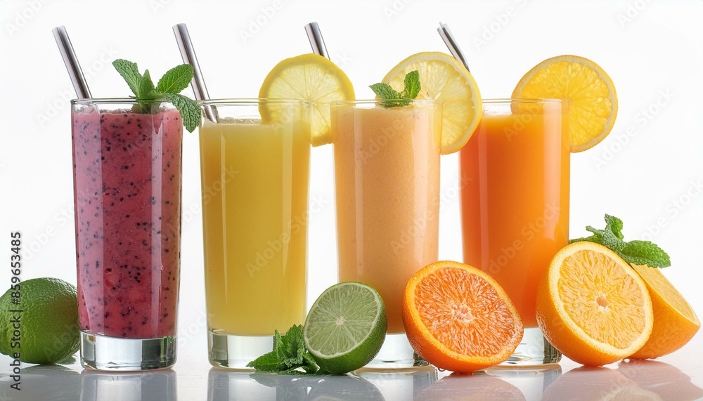 ice cold mix fruit smoothie cocktail with lemon and orange juice isolated on white background, top view; colorful summer drinks ice cold mix fruit smoothie cocktail with lemon and orange juice isolated on white background, top view; colorful summer drinks
