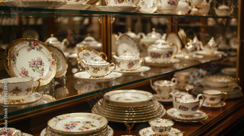 Elegant white and gold porcelain dishes and cups with floral patterns are neatly displayed on glass shelves.