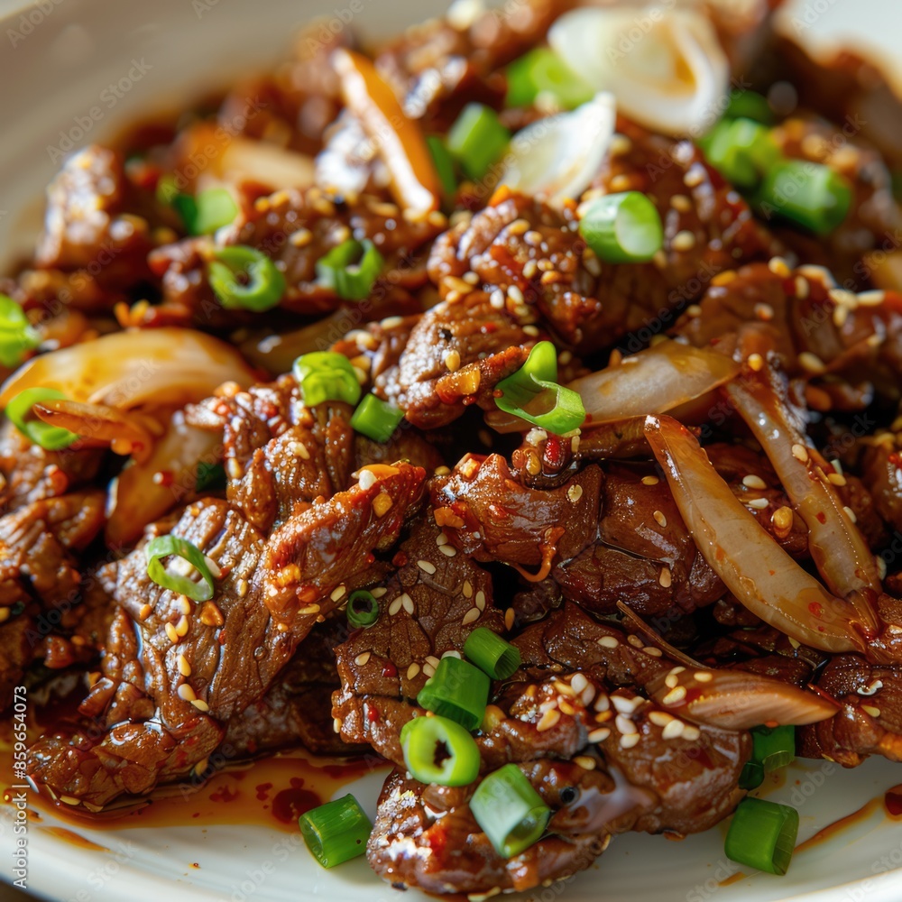 Soy sauce based seasoned beef or pork Bulgogi on white plate close-up image. Traditional Korean barbecue dish Soy sauce based seasoned beef or pork Bulgogi on white plate close-up image. Traditional Korean barbecue dish