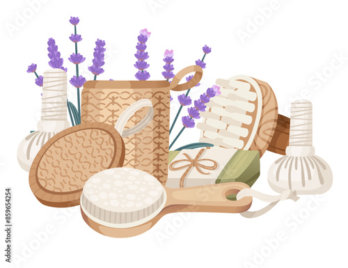 Set of items for bath or shower theme. Collection for gift or advertising vector illustration isolated on white background