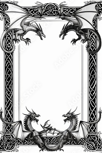 Black And White Dragon Frame Border With Celtic Knots