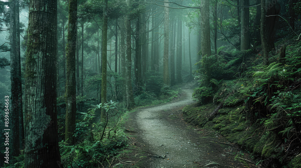 Fototapeta premium A misty forest with tall trees, a winding dirt path, and lush greenery on both sides. The scene feels calm and serene.
