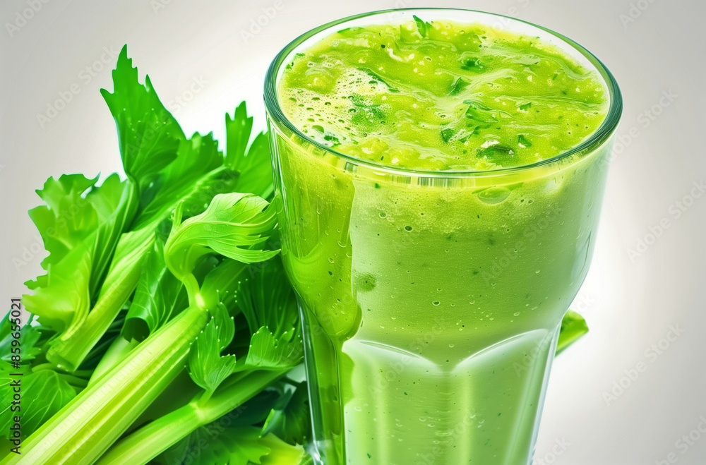 Celery leaf juice in a glass tumbler and celery leaves Celery leaf juice in a glass tumbler and celery leaves