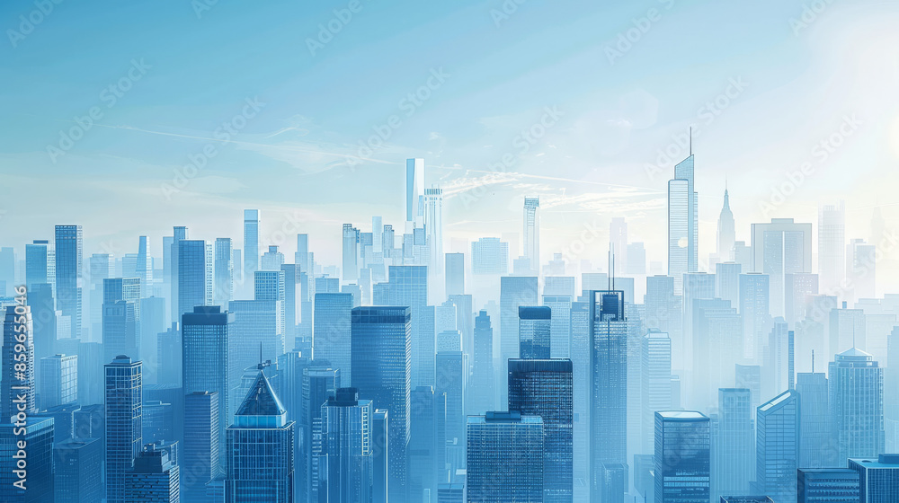 City skyline with tall buildings and a blue morning sky. City skyline with tall buildings and a blue morning sky.