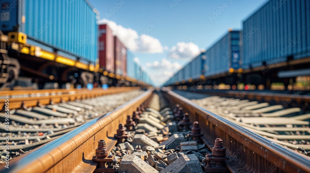 Railway tracks with a cargo train in the background