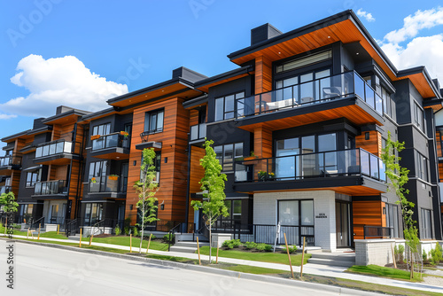 Modern apartment building with balconies and large windows. Sunny summer day.