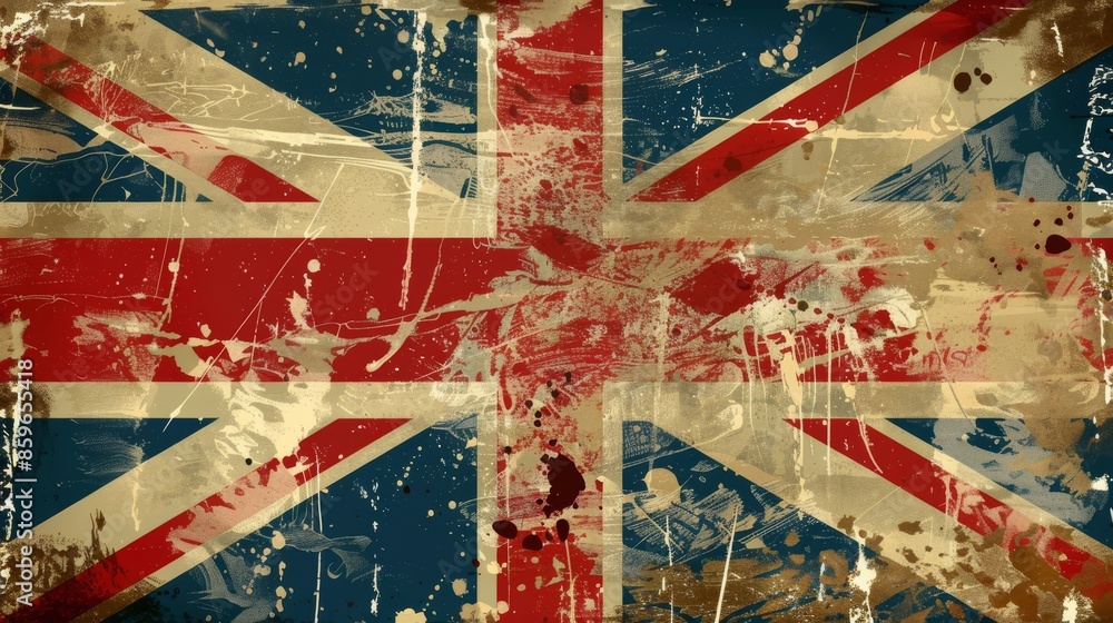 Fototapeta premium Distressed Vintage Union Jack Flag With Red, White, and Blue Paint Splatter British flag