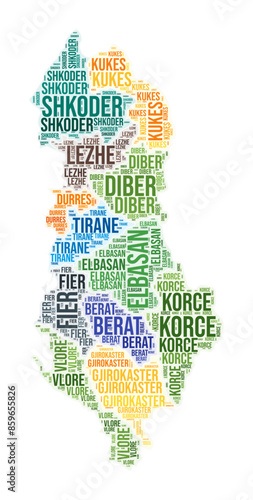 Albania region word cloud. Country shape design. Albania colored illustration. Region names collage cloud. Vector illustration.