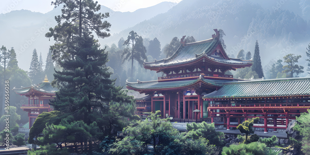 Templo Budista em um Cenário Montanhoso Sereno Templo Budista em um Cenário Montanhoso Sereno