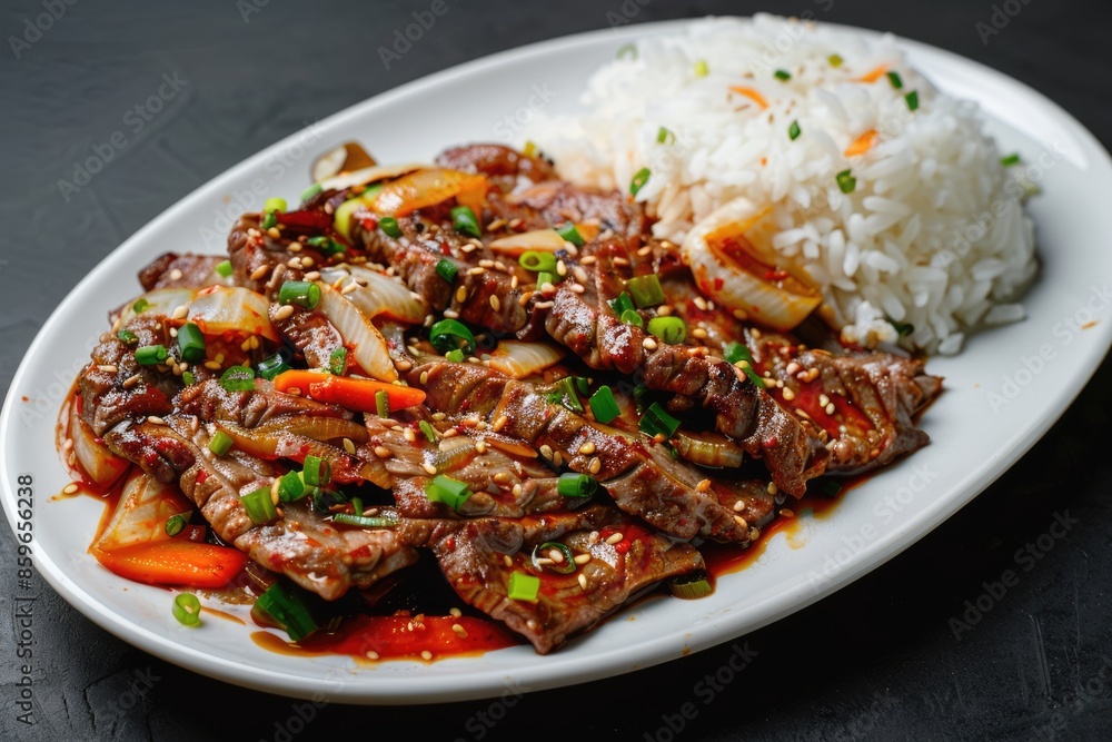 Traditional Korean Bulgogi dish on white plate close-up image. Thinly cut, grilled beef served with rice and vegetables Traditional Korean Bulgogi dish on white plate close-up image. Thinly cut, grilled beef served with rice and vegetables